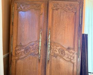 Antique French Provincial Carved Oak Two-Door Armoire