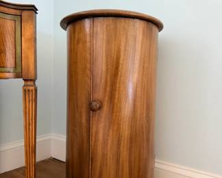 vintage cylindrical wooden bedside cabinet, sometimes called a drum cabinet or round nightstand