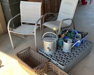 Two Mesh Lawn Chairs, Plastic Pallets, and Yard Maintenance Items
