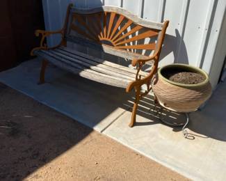 Wrought Iron Bench and a Hose Holder Turned into Plant Holder