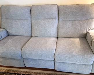 GREY LINEN TWEED SOFA W CHARGING STATIONS & RECLINE OPTION