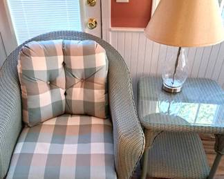 LLOYD LOOM WICKER CHAIR TABLE & GLASS LAMP