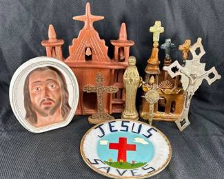 Southwestern Folk Art Glazed Terracotta Pottery Churches, Metal Crosses Etc