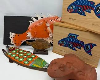CB Tatum Fish Artwork with Found Items, Mounted Fish, Terracotta Frog