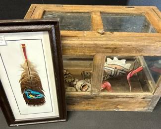 C B Tatum Original Art, Vintage Hand Carved Folk Art Pieces In Display Cabinet