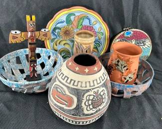 Ceramic BasketWeave Bowls Vintage Small Wooden Totem Pole, Terracotta Pottery, Ceramic Plate