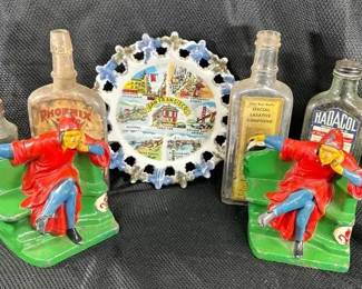 Mantaranils Dante Art Book Ends, Old Medicine Bottles, San Francisco Plate