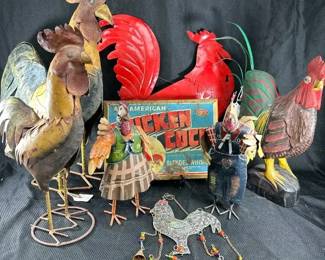 Metal Rooster and Chicken Lot