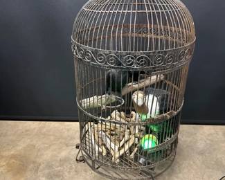 Vintage Metal Birdcage with Faux Birds and Bones