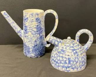 Original C B Tatum Blue and White Ceramic Pottery Pitcher and Tea Pot