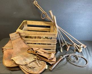 Vintage Branding Irons, Spurs, Leather Whip, Saddle Bags