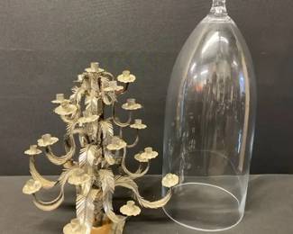 Rare Vintage Mexican Tin Feather Candelabra and Large Glass Cloche