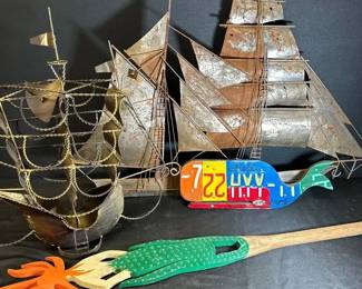 Handmade Mermaid Walking Stick, Vintage Metal Boats and More