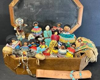 Lot of Vintage Native American Dolls and More with Wood Display Case