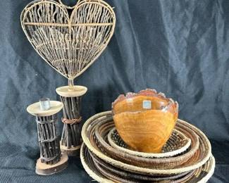 Hand Turned Wooden Bowl with LiveBark Edge, Woven Baskets and More