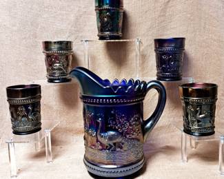 CARNIVAL GLASS PEACOCK AT THE FOUNTAIN PITCHER CUPS