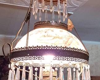 BEAUTIFUL ANTIQUE CHANDELIER PAINTED GLASS SHADE W PRISMS