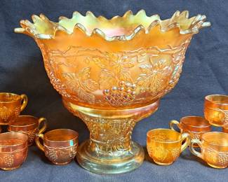 STUNNING NORTHWOOD CARNIVAL GLASS PUNCH BOWL W 12 CUPS 