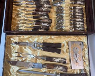 45 Piece set German Stainless Solingen carved Stag (antler) hand cutlery in original case… mint v