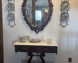 Ornate wood wall mirror & marble entry table 