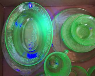 Green Uranium Depression Glass Collection  Serving Bowls, Pitchers  Cruets