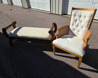 Upholstered Wood Bench  HighBack Cane Armchair