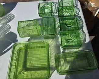 Green Uranium Depression Glass Collection  Butter Dishes, Refrigerator Dishes  Serving Pieces