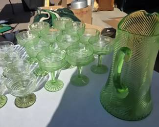 Green Uranium Glass Sherbet Cups  Pitcher  UV Reactive