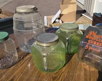 Glass Storage Jar Collection  Green Uranium DepressionStyle Glass  Phoenix Bouillon Jar