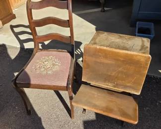 Wooden Ladderback Chair with Needlepoint Seat  Antique School Desk