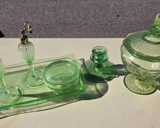 Green Uranium Glass Vanity Collection  Perfume Bottles, Tray  Covered Dishes