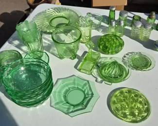 Green Uranium Depression Glass Collection  Juicer, Salt  Pepper Shakers  Serving Pieces