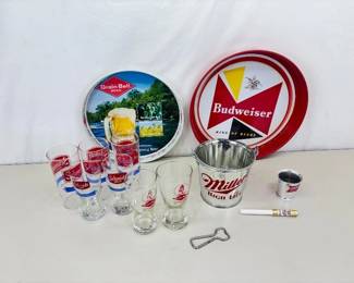 Lot of Vintage Grain Belt, Budweiser, etc. Advertising Serving Trays, Glasses, etc.