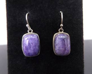 .925 Sterling Silver Charoite Cabochon Dangle Hook Earrings