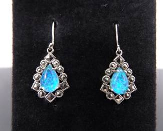 .925 Sterling Silver Art Nouveau Opal Crystal Dangle Hook Earrings