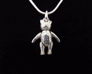 .925 Sterling Silver Articulated Teddy Bear Pendant Necklace