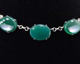 .925 Sterling Silver Vintage Green Cabochon Choaker Necklace