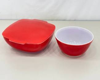 2 Vintage Red Pyrex Covered etc. Serving and Mixing Bowls