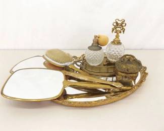 Antique Mirrored Vanity with Perfume Bottles, Brush/Mirror set, and Jewelry Holder