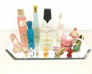 Mirrored Vanity Filled with Perfume Bottles, Art Glass, Trinket Box, and Decorative Shoes