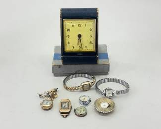 Lot of Vintage Gold Plated etc. Wind up Watches and Travel Clock