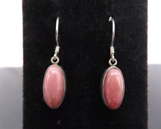 .925 Sterling Silver Pink Opal Cabochon Dangle Hook Earrings