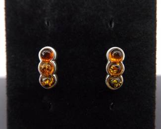 .925 Sterling Silver Amber Cabochon Post Earrings