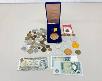 Lot of Vintage Foreign Currency, Coins, Medals, and Tokens