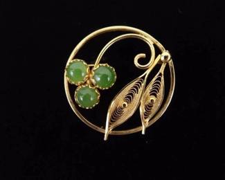 12k 1/20 Yellow Gold Fill Filigree Jade Leaf 1.375" Brooch