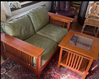 Mission-style green leather loveseat & table