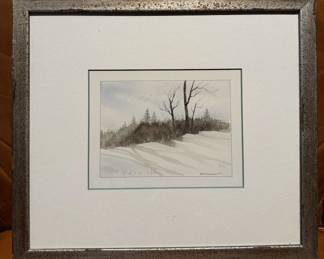 Signed Bernhardt Original Watercolor Painting - Serene Winter Landscape - Framed