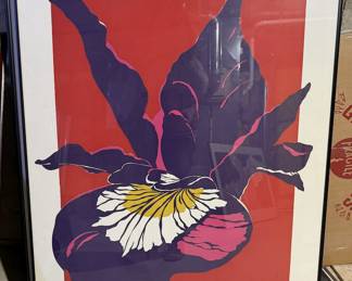 Large Signed & Inscribed Iris Flower Art Print - Bold Purple, Red & Pink - Framed