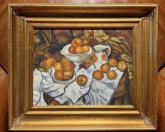 Framed Classical Still Life Painting of Oranges & Floral Pitcher - Ornate Gold-Tone Frame