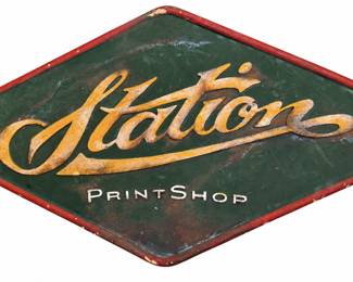 Large Vintage - Station - Print Shop Sign - Diamond-Shaped Metal Advertising w/ Raised Letterin